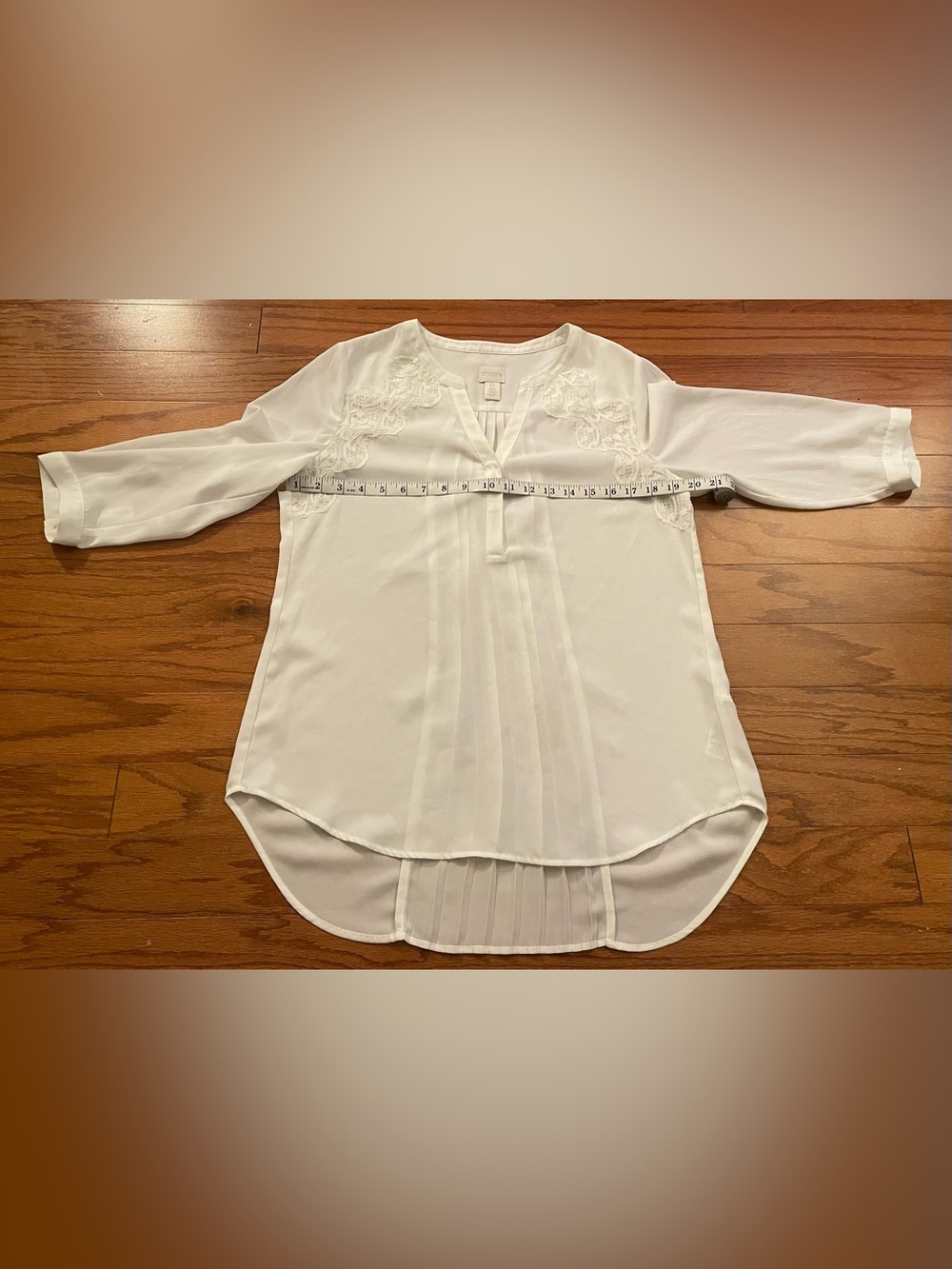 Chico's- White Lace-Trim Pleated V-Neck Blouse Size